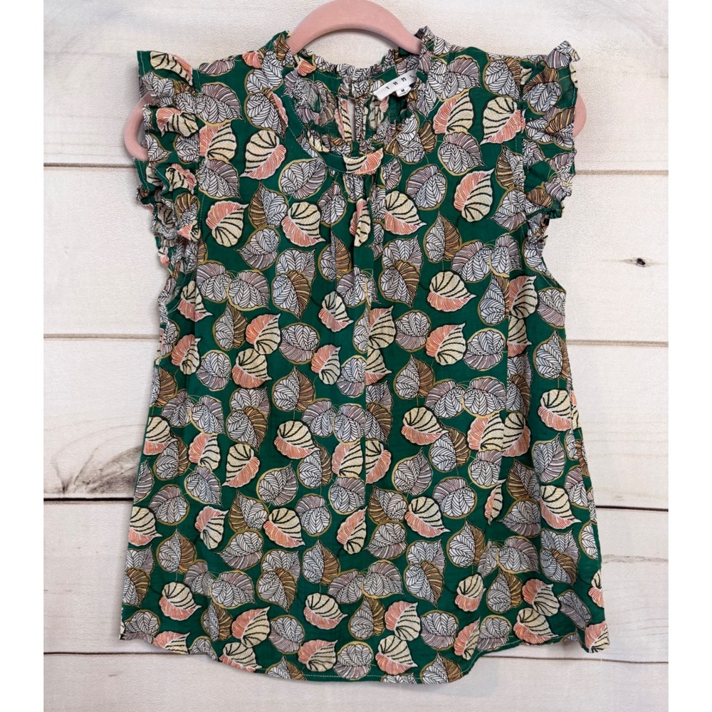 THML Green Leaf Print Ruffle Neck Flutter Sleeve Blouse THS1056-2-GN Womens M